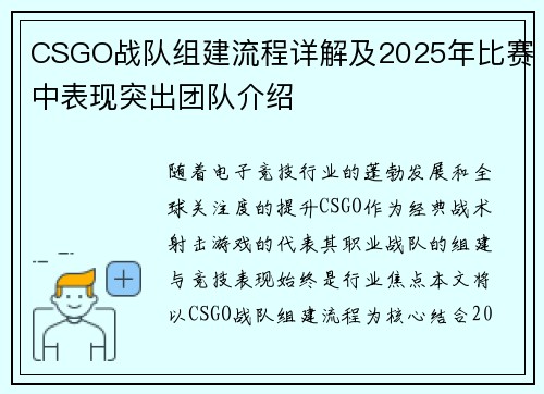 CSGO战队组建流程详解及2025年比赛中表现突出团队介绍