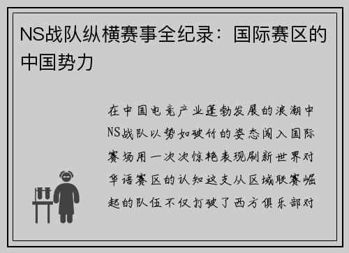 NS战队纵横赛事全纪录：国际赛区的中国势力