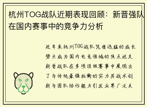 杭州TOG战队近期表现回顾：新晋强队在国内赛事中的竞争力分析